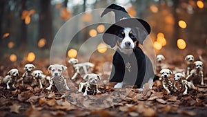 A Halloween puppy dressed as a witch, accidentally casting a spell that turns a pile of bones into puppy skeleton s