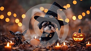 Halloween puppy dressed as a witch, accidentally casting a spell that turns a pile of bones into zombies