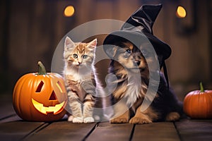 Halloween Puppy and Kitten Together With Pumpkins