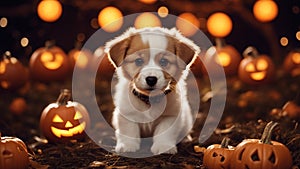 Halloween puppy with a miniature broomstick, surrounded by a circle of carved jack-o-lantern