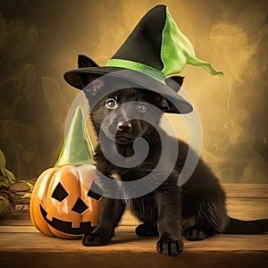 Halloween puppy with pumpkin in witch\'s cap