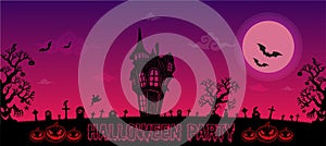 Halloween purple background. pumpkins and cemetery