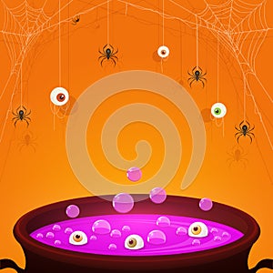 Halloween Purple Potion in Cauldron with Eyes and Spiders on Orange Background