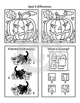 Halloween puzzle page with 3 visual puzzles or picture riddles. Find differences, mirrored copies, missing fragment. Pumpkin, blac