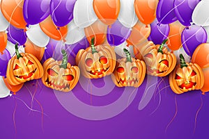 Halloween realistic design. Creepy spooky pumpkin heads with cut out faces and purple, orange, and white balloons.