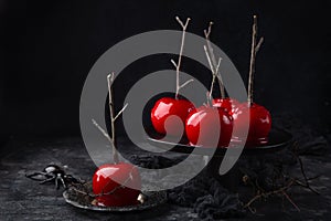 Halloween red caramelized candy apples