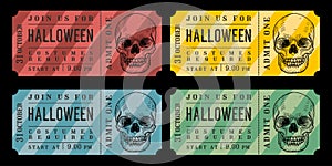 Halloween retro ticket colorful vintage vector set with skull