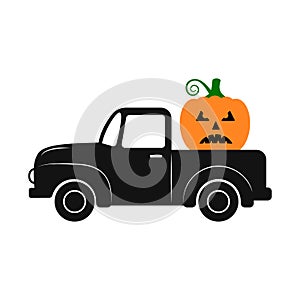 Halloween retro truck with pumpkin. Vector template for typography poster, banner, flyer, postcard, logo design, etc