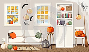 Halloween room interior. Vector cartoon illustration