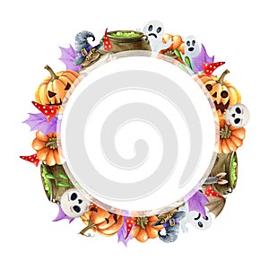 Halloween round frame. Watercolor illustration. Hand drawn spooky halloween round decor. Scary funny pumpkins, scull