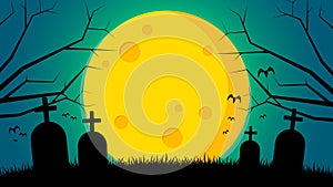 Halloween`s day background - Tomb on ground front the moon