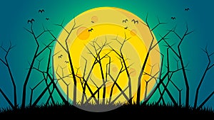 Halloween`s day background - Trees on ground front the moon