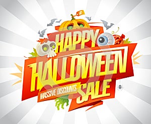 Halloween sale banner concept with Halloween symbols - pumpkins and skull