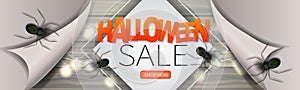 Halloween sale banner design. Advertisement idea for 31 October holiday event with spiders, pilling off paper and glowing light