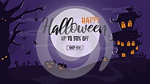 Halloween sale banner template with spooky elements - haunted house, willow tree, full moon, pumpkin and cemetery.