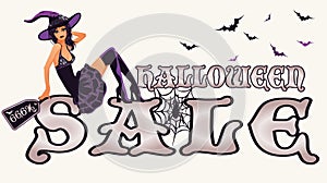 Halloween sale banner with witch