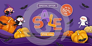 Halloween sale design. Vampire, witch, pumpkin, mummy, bat, castle