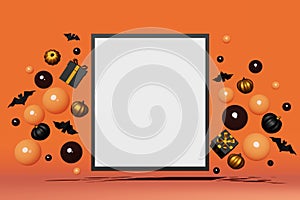 Halloween sale frame banner copy space fall orange background mockup Pumpkins black gift box flying bats floating bubble