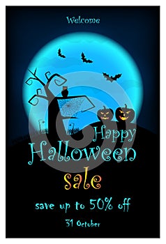 Halloween SALE leaflet. Vector halloween design template with pumpkin, owl, bats on blue moon background.