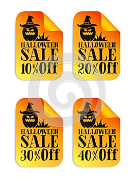 Halloween sale orange stickers set. Pumpkin with witches hat. Halloween sale 10%, 20%, 30%, 40% off