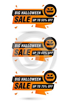 Halloween sale origami labels set. Big Halloween sale 55%, 65%, 75% off discount