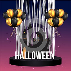 Halloween sale or party event with balloons and castle