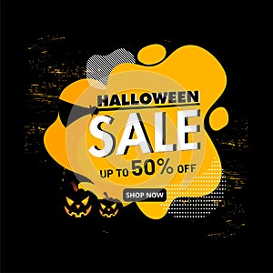 Halloween Sale poster or template design with 50% discount offer and jack-o-lanterns.