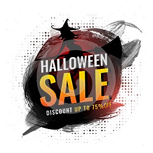 Halloween Sale poster or template design with 75% discount offer and witch flying broom on brush stroke.