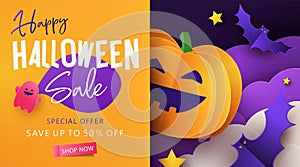Halloween Sale Promotion banner with cutest pumpkin, bats and ghost in night clouds. Paper cut, digital craft style photo