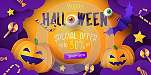 Halloween Sale Promotion banner with cutest pumpkins, bat and candy in night clouds. Paper cut style