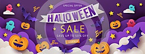 Halloween Sale Promotion banner with cutest pumpkins, bats and ghosts in night clouds on violet background