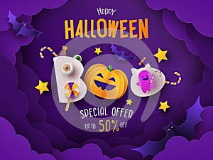 Halloween Sale Promotion banner with pumpkin, candy, bats and ghost in night clouds. Text Boo stylized as cute monsters