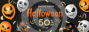 Halloween sale promotion  banner template ,scary balloons, bat,spider, isolated  on black   background, text special offer, fifty