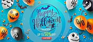 Halloween Sale Promotion Poster with Halloween candy and Halloween Ghost Balloons on blue background.Scary air balloons.Website