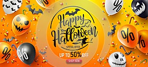 Halloween Sale Promotion Poster with Halloween candy and Halloween Ghost Balloons on Orange background.Scary air balloons.Website