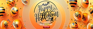 Halloween Sale Promotion Poster with Halloween candy and Halloween Ghost Balloons on Orange background.Scary air balloons.Website