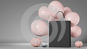 Halloween sale Pumpkins Black shopping bag branding mockup pink balloons 3d animation. Thanksgiving autumn holiday offer