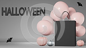 Halloween sale Pumpkins Black shopping bag branding mockup pink balloons 3d animation. Thanksgiving autumn holiday offer