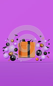 Halloween sale Pumpkins gift box black flying bats floating bubbles ribbons 3D rendering banner for social media ads
