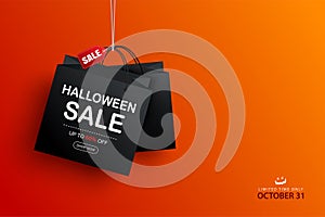 Halloween sale with shopping bags banner background. Halloween illustration template for poster, flyer, sale, and all design