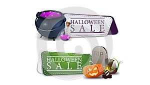 Halloween sale, two clickable discount banner with potion, tombstone and pumpkin Jack photo