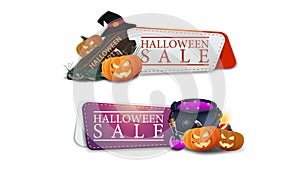 Halloween sale, two clickable discount banner with wooden sign, witch hat, witch`s pot and pumpkin Jack photo