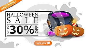Halloween sale, up to 30% off, white horizontal discount web banner with water drop minimal design, witch`s cauldron and pumpkin