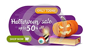 Halloween sale, up to 50% off, banner of geometric liquid style simple form with spell book and pumpkin Jack