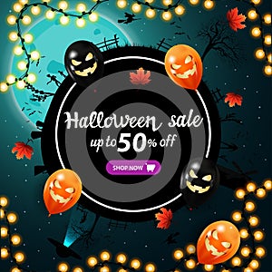 Halloween sale, up to 50% off, black round discount web banner with silhouette of the planet at Halloween night, autumn leafs