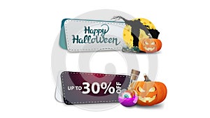 Halloween sale, up to 30% off, two clickable discount banner with Scarecrow and pumpkin Jack photo