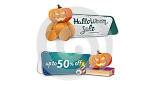 Halloween sale, up to 50% off, two clickable discount banner with Teddy bear with Jack pumpkin head, spell book and pumpkin Jack photo