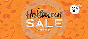Halloween Sale vector banner with lettering and detailed engraving background. Pumpkin, witch hat, skull, cat hand drawn