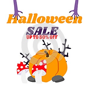 Halloween sale verticall banner in cartoon style. The illustration depicts a pumpkin and two purple scary stretching hands. photo