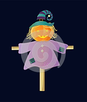 Halloween scarecrow made of pumpkin wearing witch hat and a shirt.